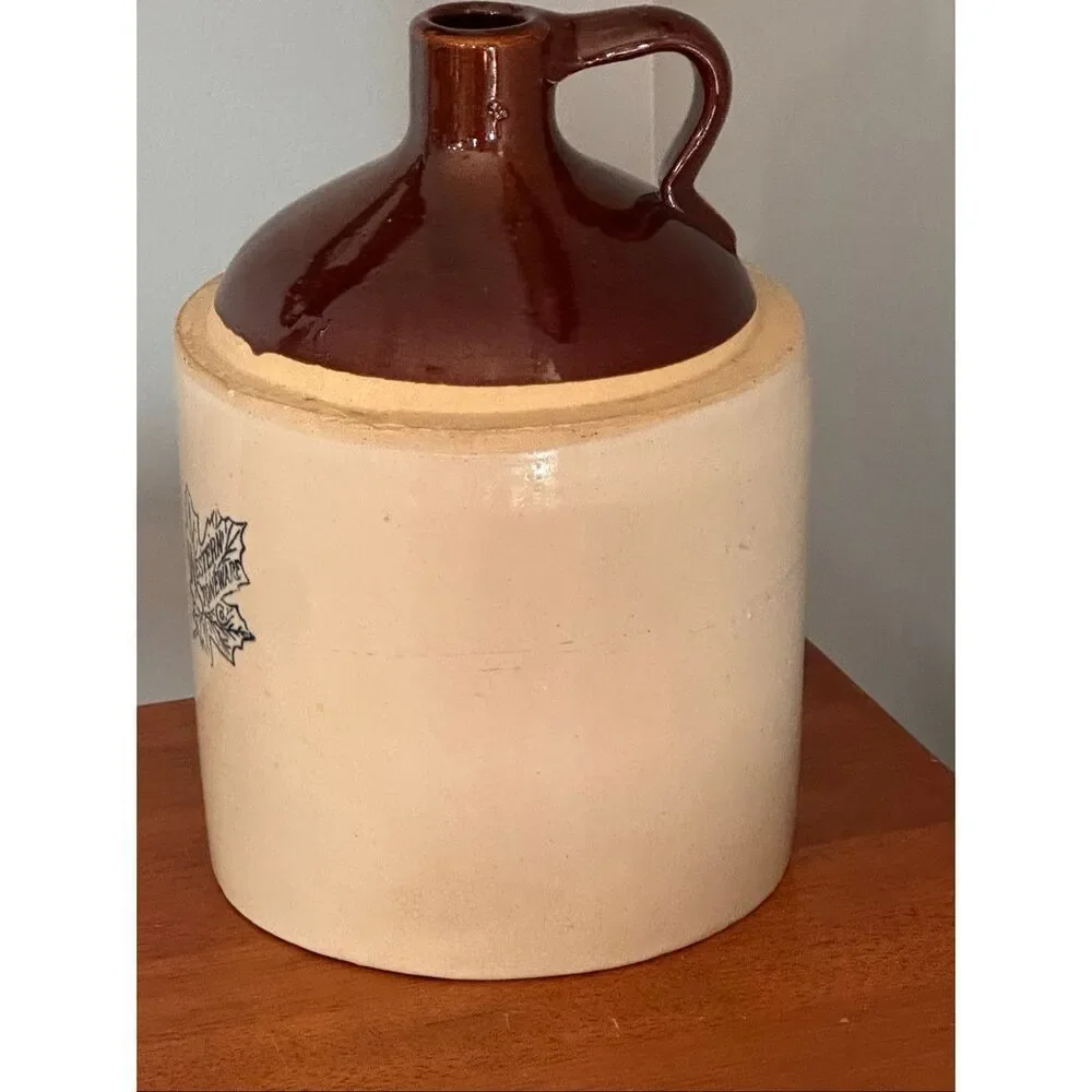 Vintage Western Stoneware Maple Leaf Crock Jug/Two Tone - Brown Glazed Top